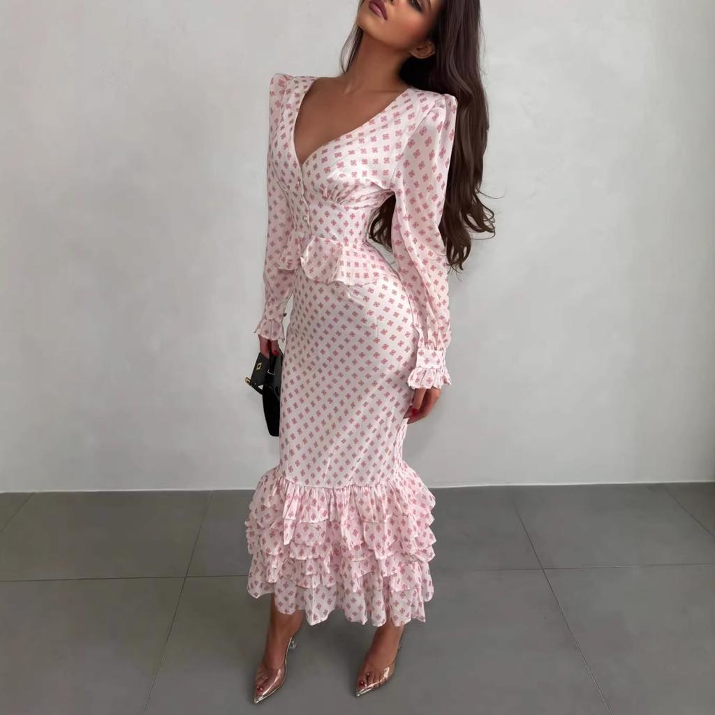 European and American Cross-border Women's Clothing 2026 Spring New Long-sleeved Horn-sleeved Ruffle Edge Printed V-neck Slim-fitting Temperament Dres