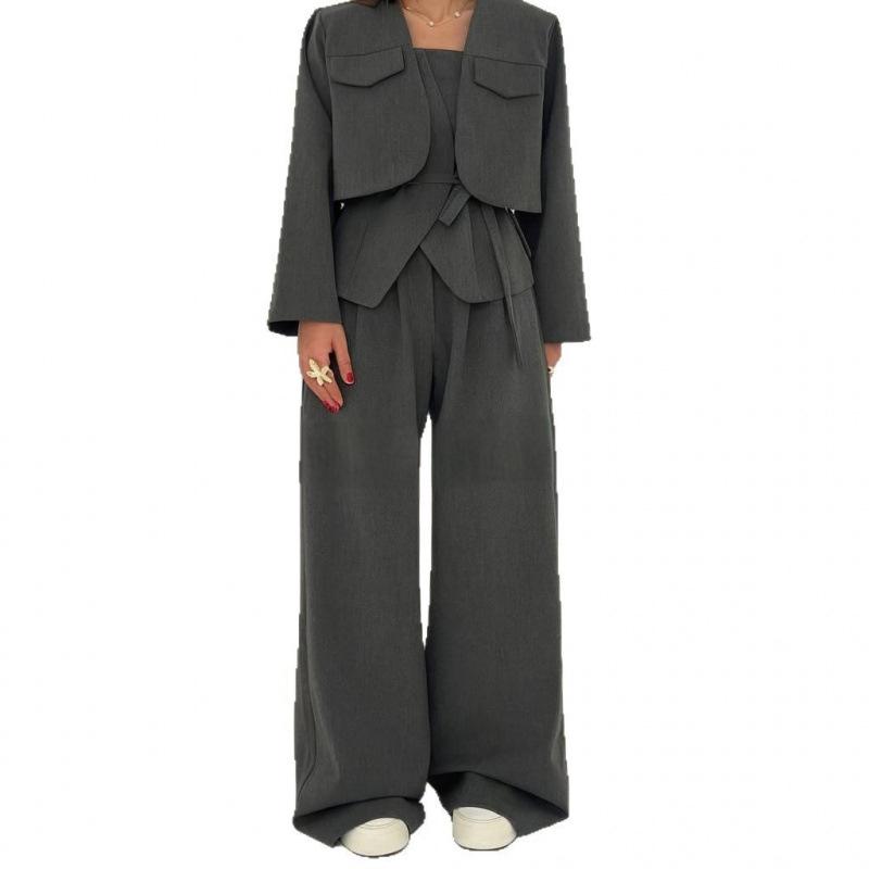 2025 Spring New Cross-border European and American Women's Suit Solid Color Wide-leg Pants Temperament Commuter Fashion Suit