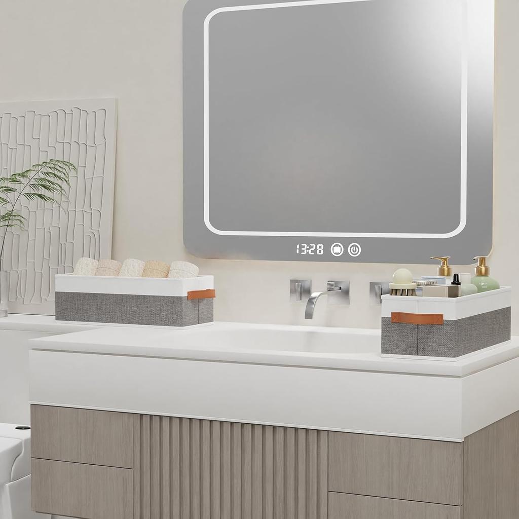 1 Pack Storage Bin, Foldable Basket for Organizing, Fabric Storage Box Container with Handles, White and Gray, 15 X 6 X 5 Inch