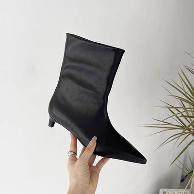 Autumn and Winter New Women's Pointed Cat Heel Fashion Medium Tube Boots Leather Pattern Fine Heel Low Heel Loose Fashion Boots Straight Boots