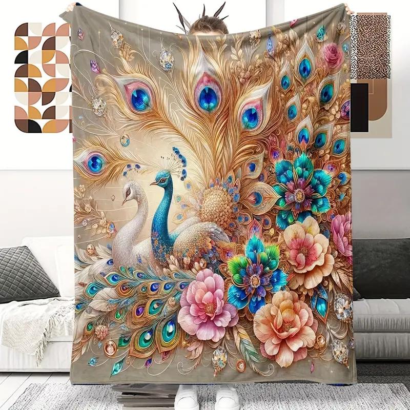 Peacock theme flannel blanket is suitable for bedding, office, home, camping, warm, sofa, bed, Christmas Halloween 130x150cm