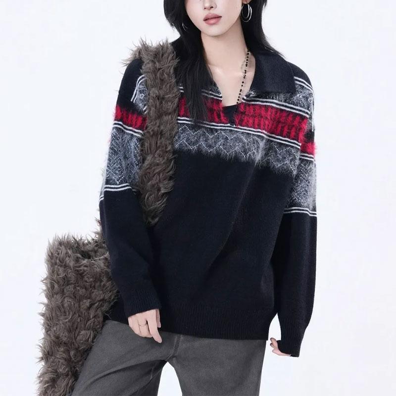 

Female Clothing American Contrasting Colors Pullovers Knitted Autumn Winter Vintage Patchwork Lapel V-Neck Loose Casual Sweaters L