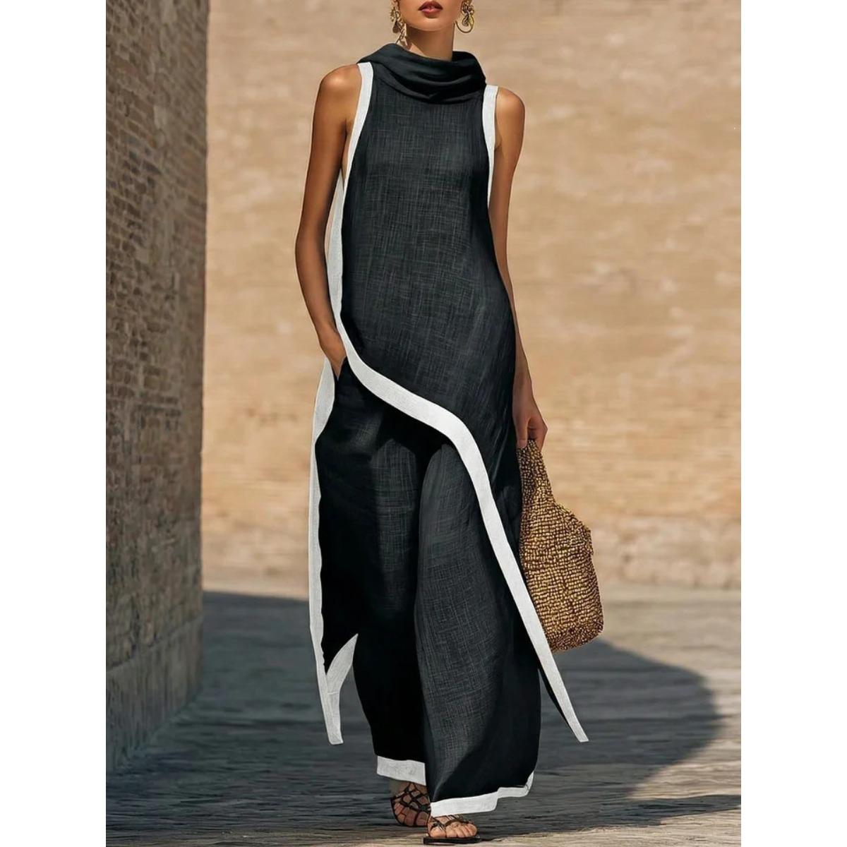 Women s Cowl Neck Sleeveless Asymmetrical Tunic Top and Wide Leg Pants 2 Piece Set S