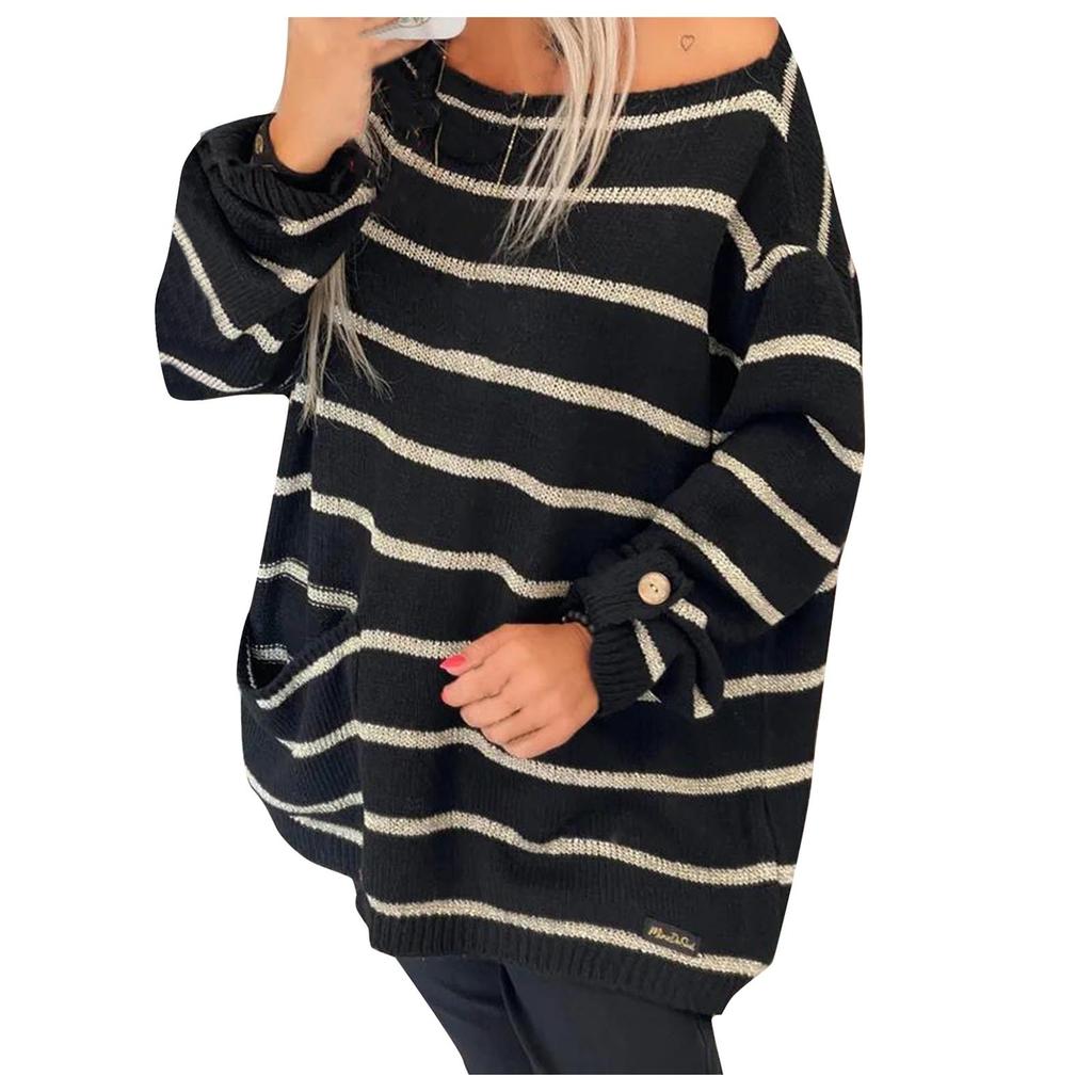 Women's Solid Color Contrast Striped Pullover Round Neck Loose Sweater Sweater