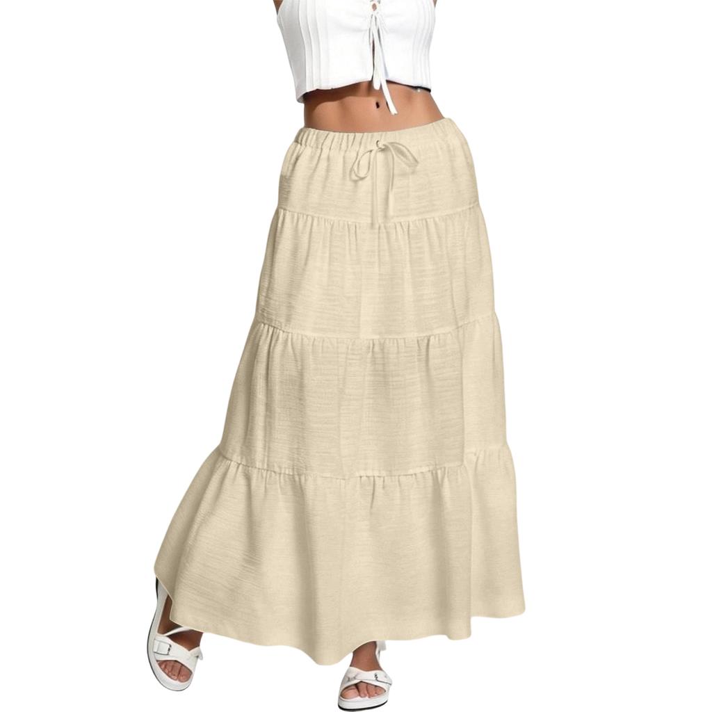 Dámská volánová jarní ležérní dlouhá sukně v jednobarevné barvě, retro skládaná sukně