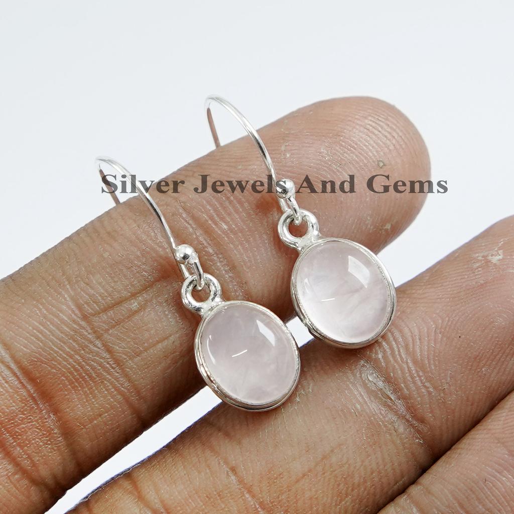 Handmade Oval Rose Quartz Earring, 925 Sterling Silver Earrings: Capricorn Birthstone