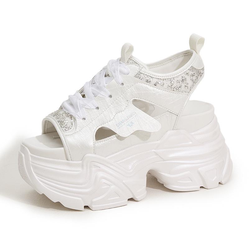 Fashion 9CM Synthetic Microfiber Leather Summer Hollow Platform Wedge Women Sandals Flats Chunky Sneakers Bling Vulcanize Peep Toe Shoes