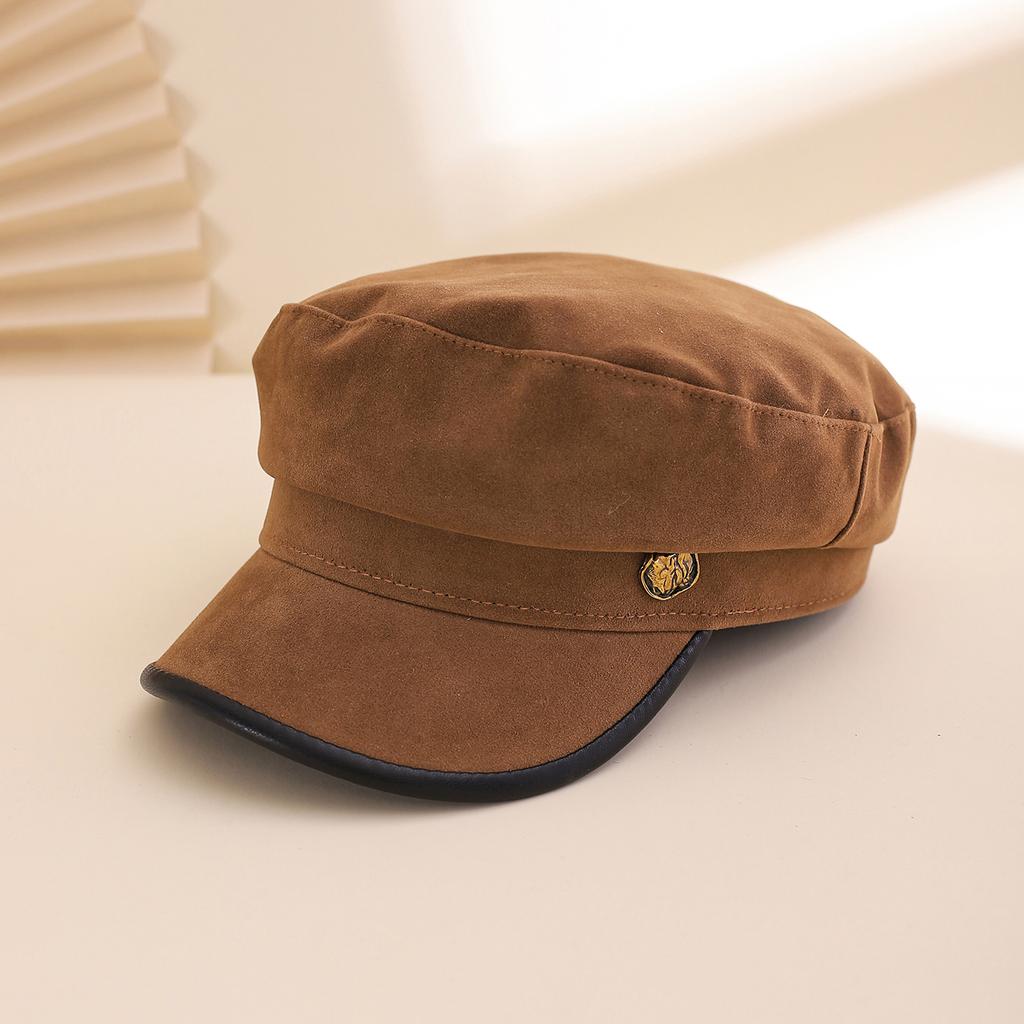 Korean Style Simple Side Metal Tag Leather Trim Newsboy Cap, Vintage British Flat Top Beret Hat, Daily Wear Accessories