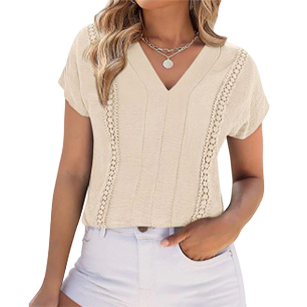 Women's Casual Fashion Ruched V,Neck Hollow Out Lace Trim T,Shirt Top