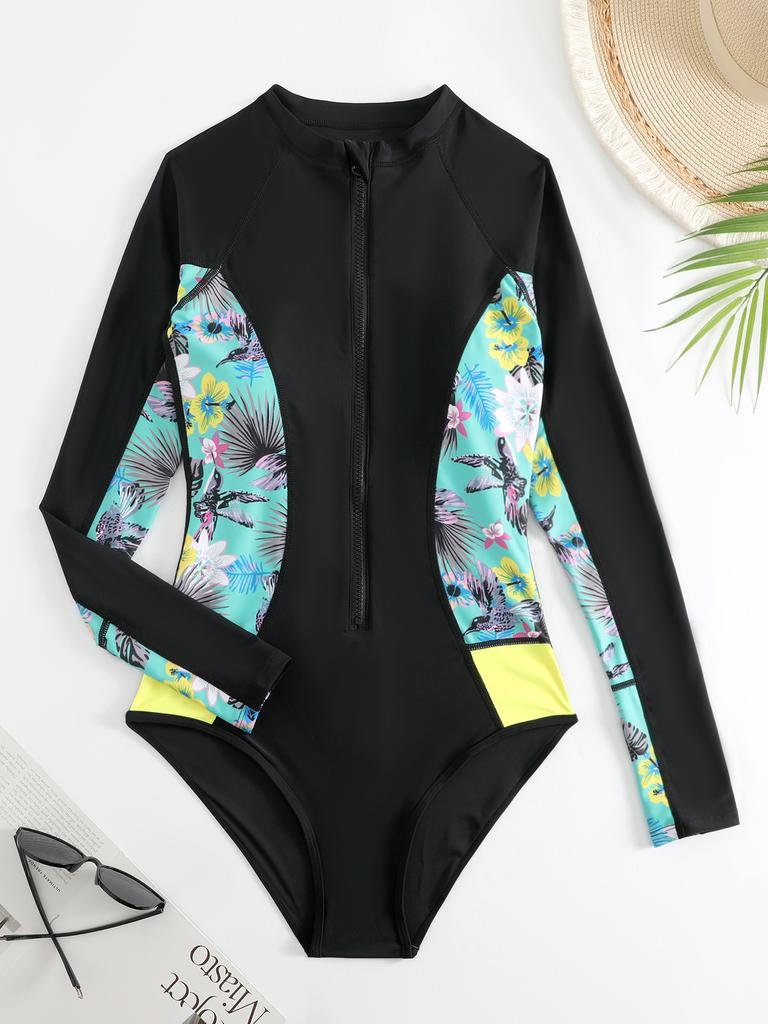 Women's Swimsuit Long Sleeve Surfing Suit Zipper Style Swimsuit One-piece Swimsuit  Printed  Bikini