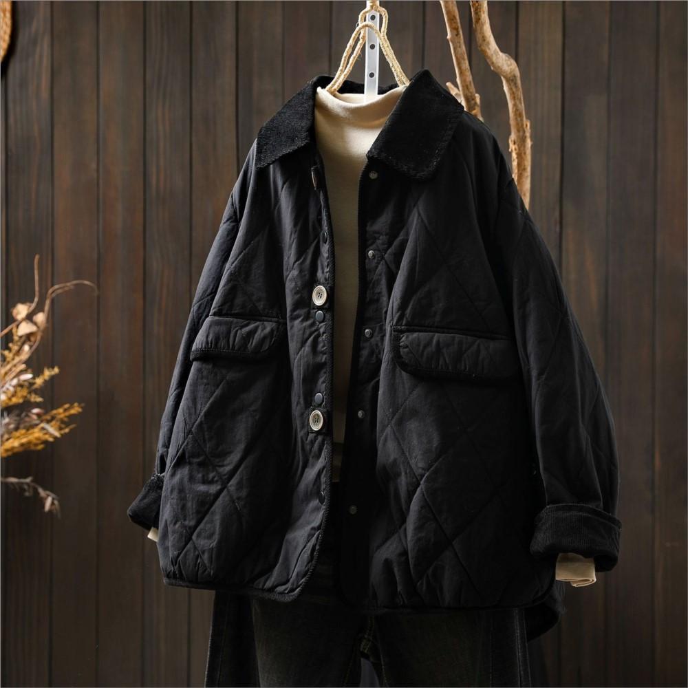 Johnature Women Vintage Turn-down Collar Solid Color Winter Coats Long Sleeve Button Warm Coats