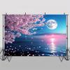 2D Floral Moon Ocean Backdrop, Cherry Blossom Sunset Wall Decor Banner