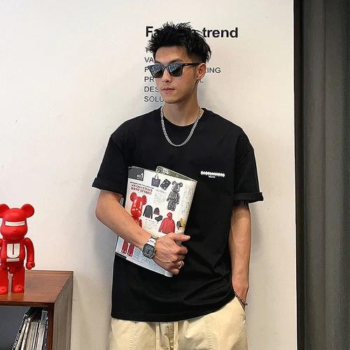 New Front and Back Letter Printed Short Sleeved Men's Summer Trend 100% Pure Cotton High-quality Round Neck Fitness T-shirt