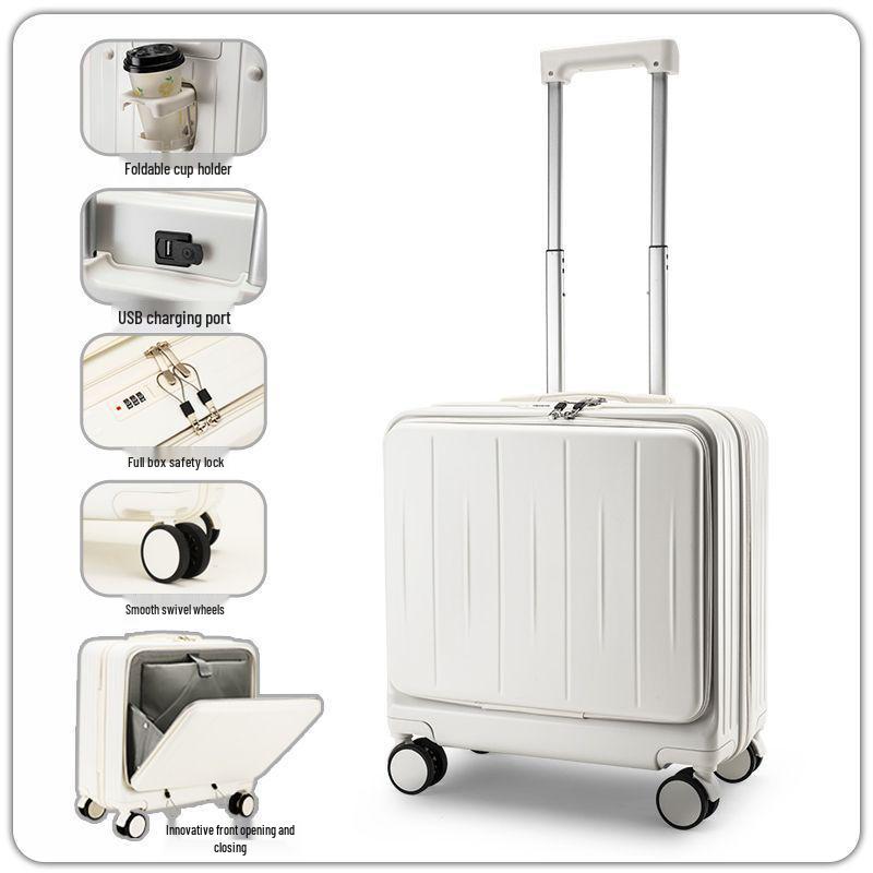 20-inch front-opening trolley case with PC material and password lock.