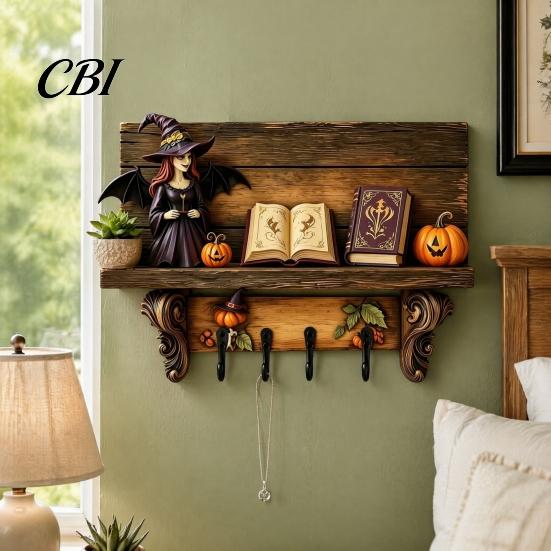 Ghost Shaped Wall Hooks Halloween Key Holder, Wooden Lady Holder with 4 Hooks, Hanging Ornament Mounted Spooky Rack Organizer for Entryway Hallway