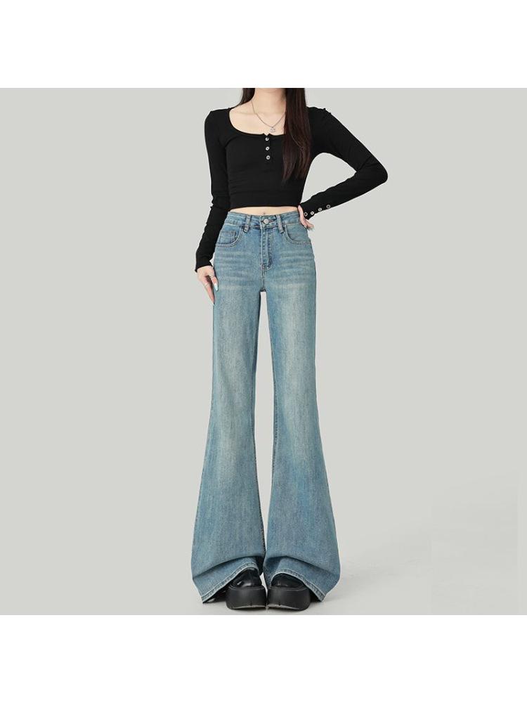 Women s 2025 Slim Fit Light Blue Micro Flare Floor-Length Bell Bottom Jeans S
