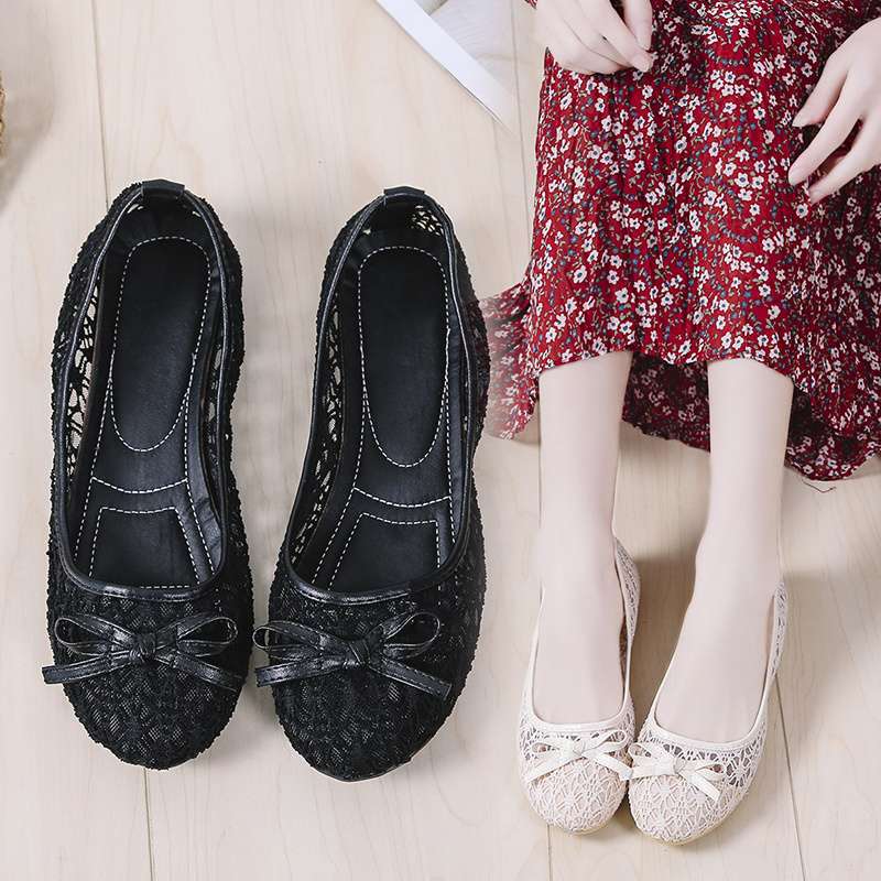 2025 new single shoes women's shallow mouth mesh lace breathable flat-bottomed casual versatile mesh shoes round head soft sole maternity shoes