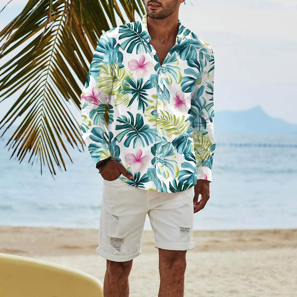 Men's Fashion Long Sleeve Printed Casual T Shirt Button Regular Fit Shirt Top