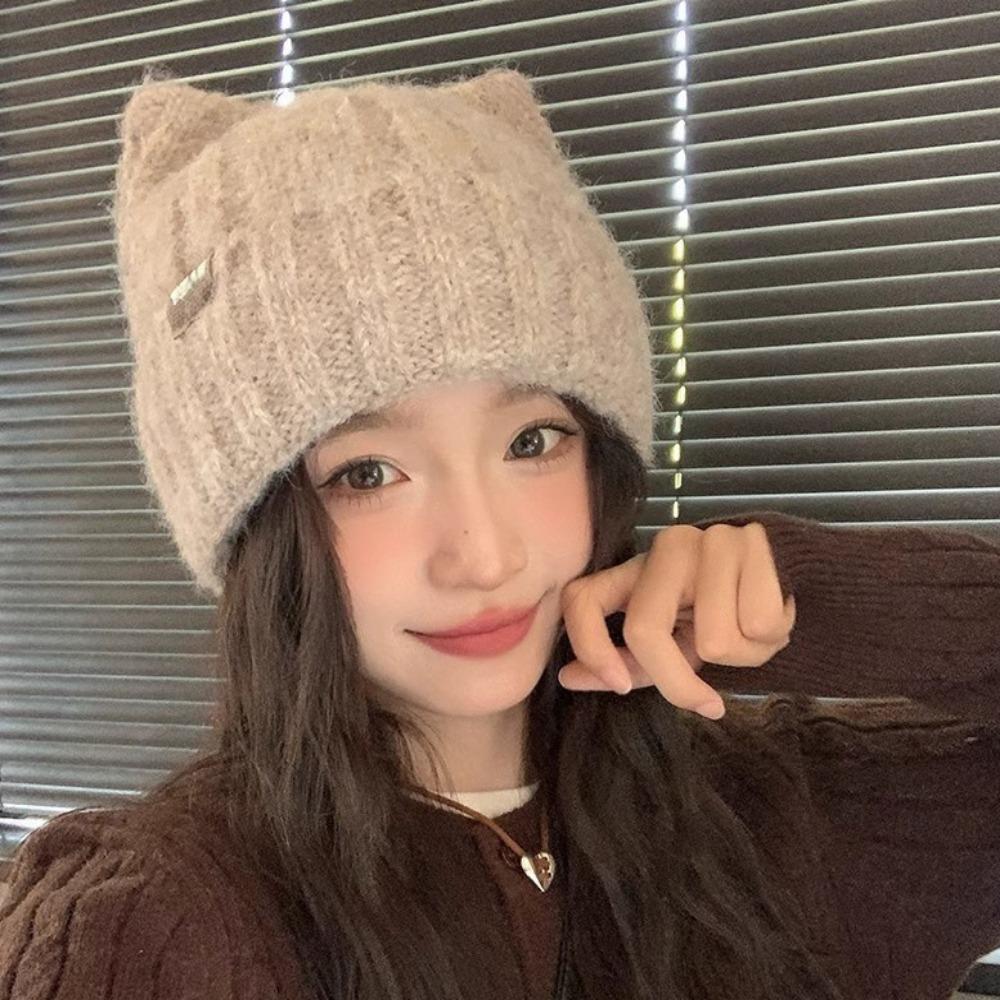 Solid Color Fleece-lined Warmth Knitted Beanies Hip Hop Anti-cold Winter Autumn Hats Outdoor Cat Ear Warm Ear Protection