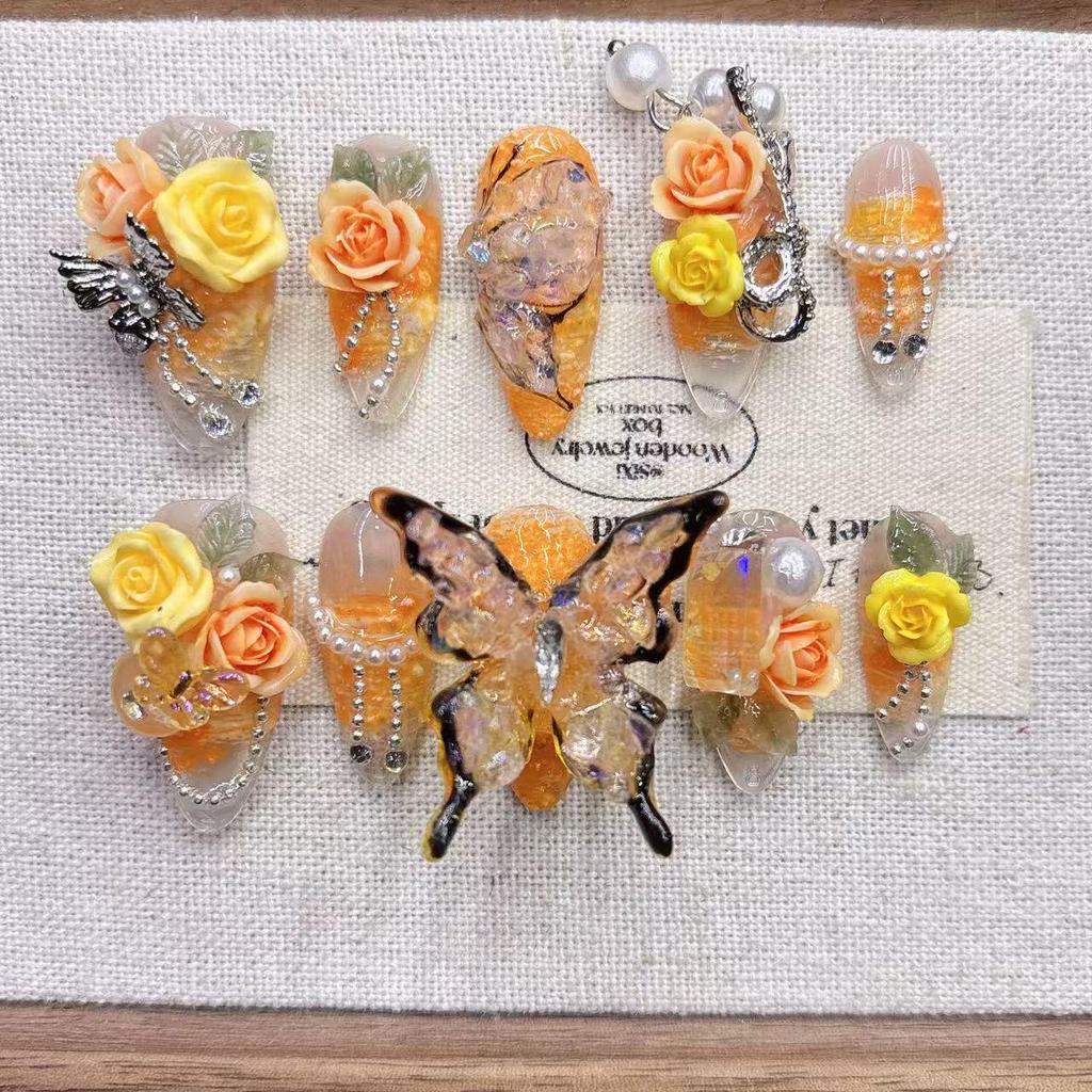 Yellow Butterfly Elegant Almond-Shaped Handmade Fake Nail Tips