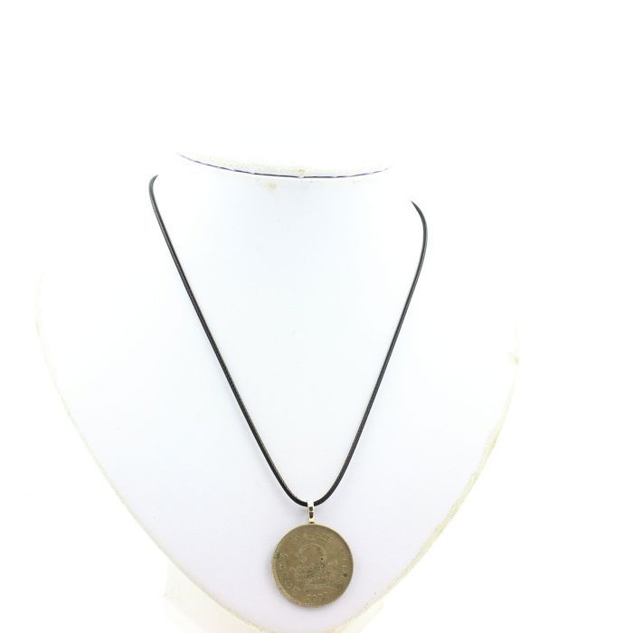 Pierres et Minéraux. Collier pièce de monnaie Sri Lanka 2 roupies. Cordon noir.