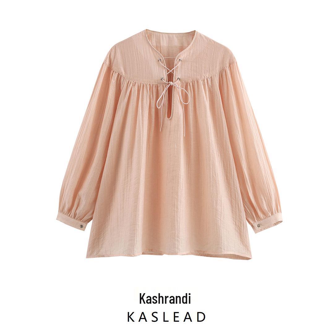 

2025 Spring Women s Fashion: European & American Loose Drawstring Lantern Sleeve Shirt M