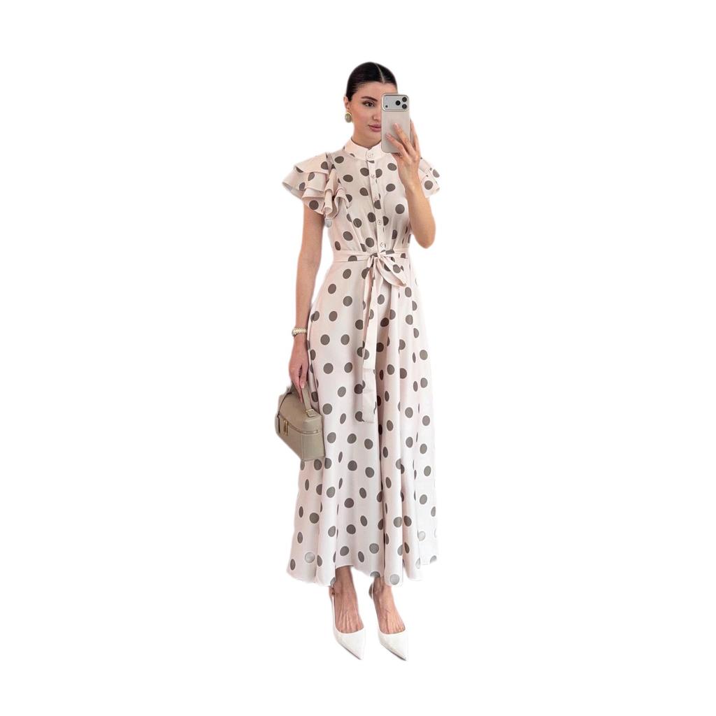 2026 European Retro Polka Dot Puff Sleeve Lace-up Slimming Dress