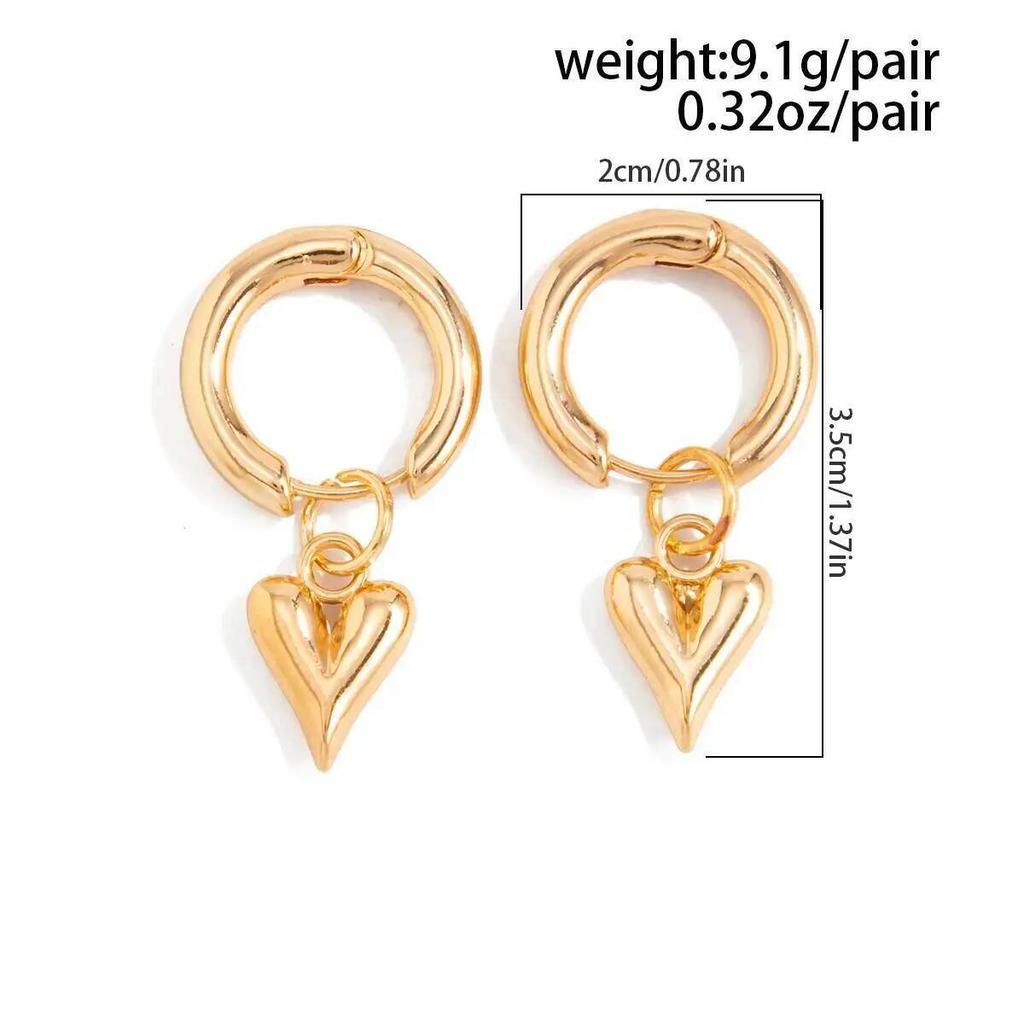 IngeSight.Z Creative Exquisite Gold Color Love Heart Shape Pendant Hoop Earrings Temperament Metal Piercing Earring Jewelry Lady