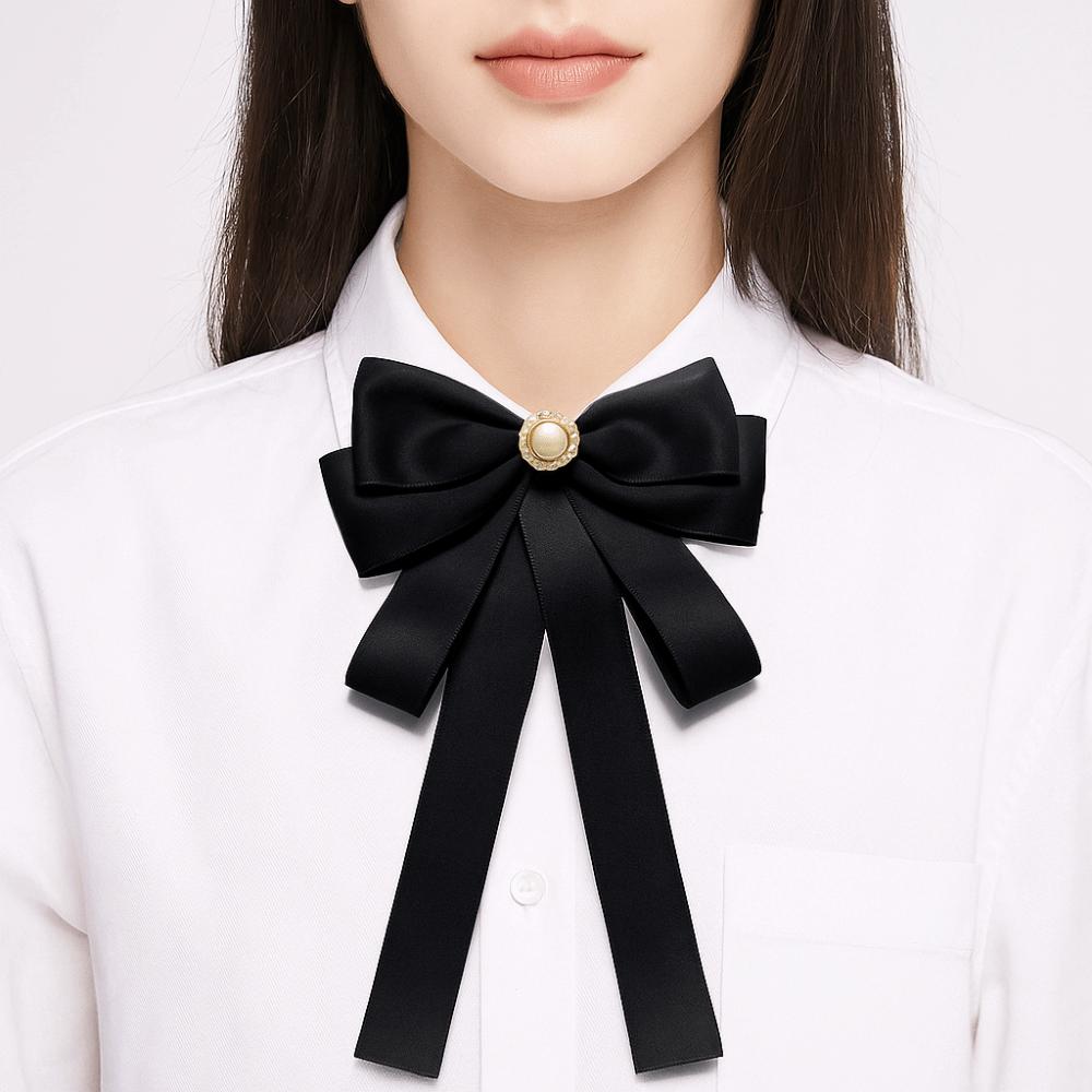 Pearl Black Ribbon Pin Beads Ribbon Badge Brooch Sweet Black Bow Necktie Parties