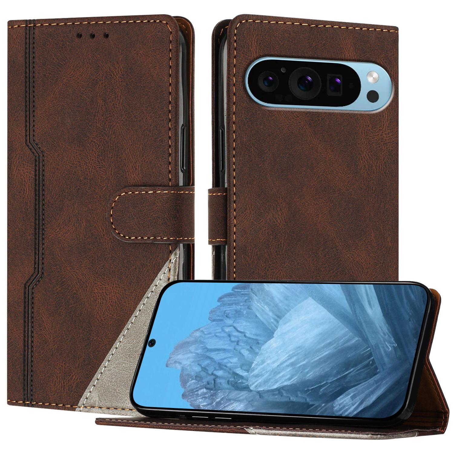 

For Google Pixel 9 Leather Case Triangle Patchwork Wallet Stand Shockproof Phone Cover Brown