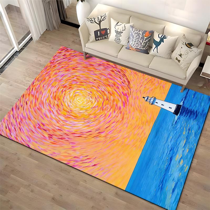 Colorful Lighthouse Sunset Design Carpet with Ocean and Sky Pattern Suitable for use as an anti-slip for living room bedroom sofas