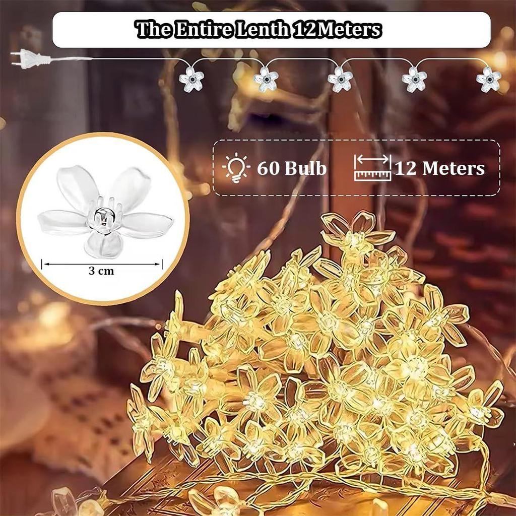 Silikonblumen LED Lichterkette – 60 LED, 12 Meter Warmweiß Kupferdraht Lichterkette für Fenster, Wand, Garten, Diwali, Weihnachten