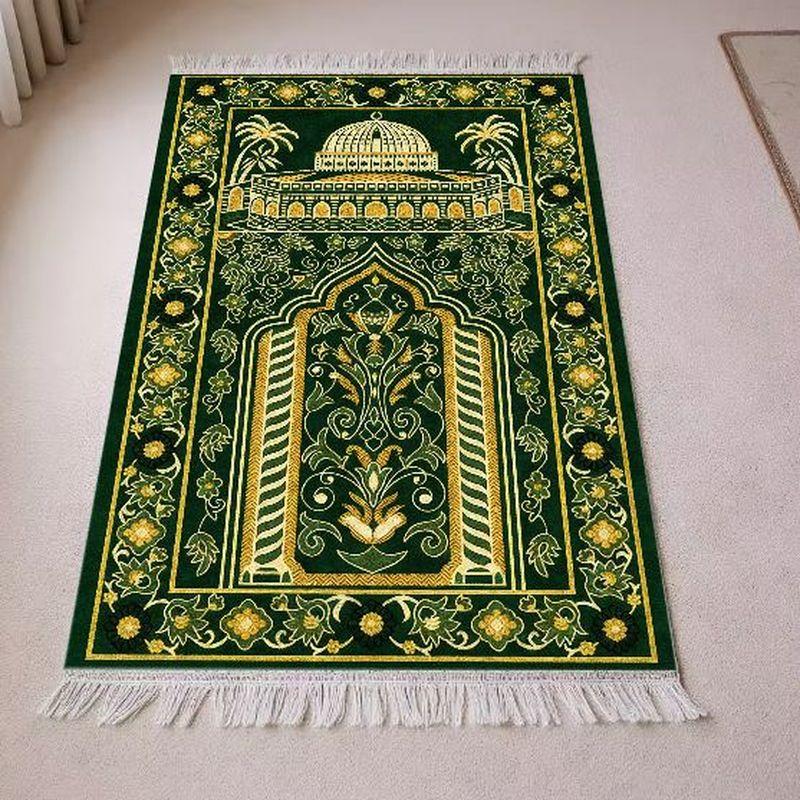 Tapis de prière islamique floral à dôme de mosquée, Tapis de prière musulman pliable à franges portable, Tapis de culte religieux pour la décoration de la maison