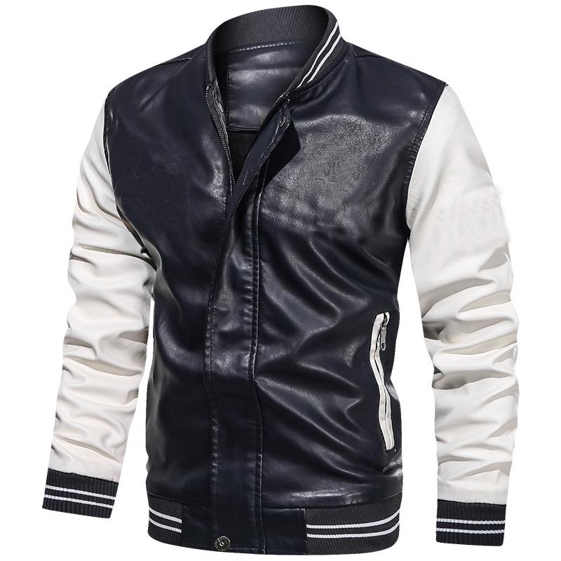 

Men s Casual PU Leather Jacket with Fleece Lining - Baseball Style, Stand-Up Collar, Plain Design with Print 4XL