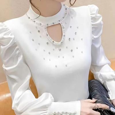 New Early Autumn Splicing Hollow Heavy Beading Slimming Bottoming Slim Long-sleeved Sparkling Top