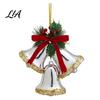 Triple Bell Pendant for Holiday Decor Christmas Ornament with Red Bow & Holly Leaves, Glossy Tiered Scene Jingle Bells Hanging Tree Wreath Door, Party