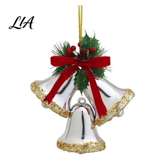 Triple Bell Pendant for Holiday Decor Christmas Ornament with Red Bow & Holly Leaves, Glossy Tiered Scene Jingle Bells Hanging Tree Wreath Door, Party
