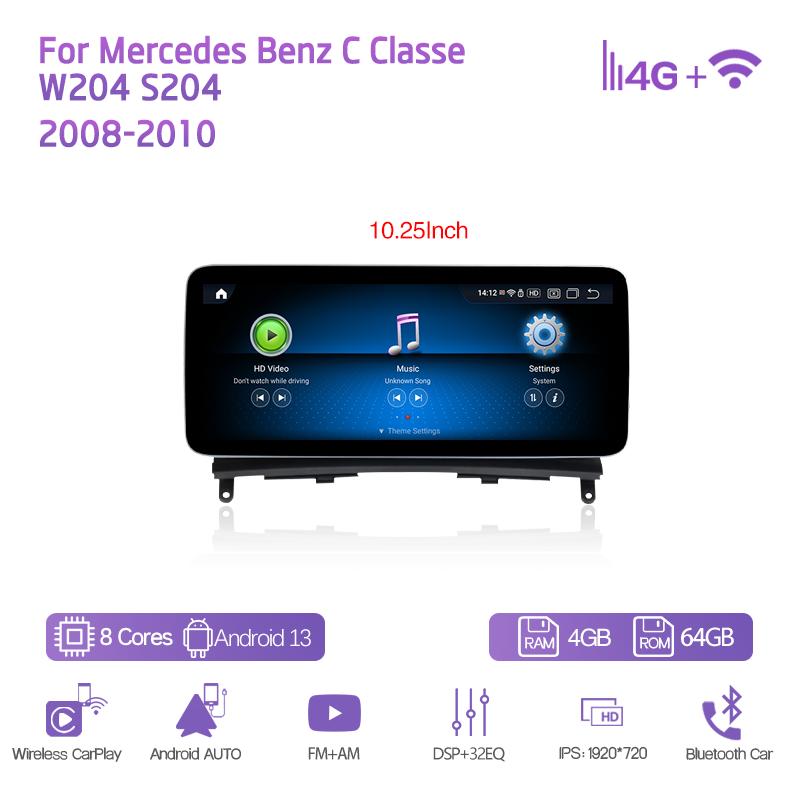 

10.25/12.3 Android13 For Mercedes Benz C Classe W204 S204 2008-2010 Car Multimedia Player GPS Navigation CarPlay 4G 360Camera