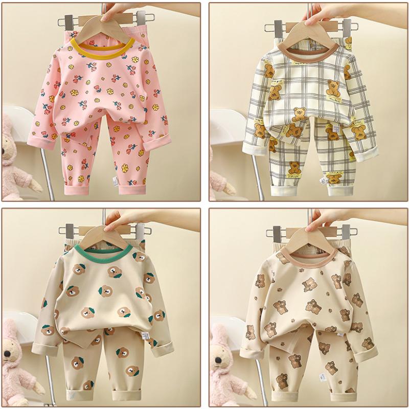 100% Cotton Kids Thermal Underwear Set Long Sleeve Pants Soft Sleepwear Homewear Cartoon Print Comfortable A Class Safety
