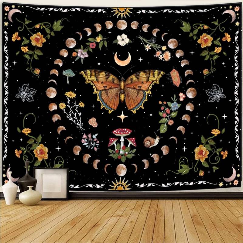 Starry Blue Butterfly & Moon Phase Tapestry - Boho Witchy Floral Wall Hanging for Room Decor