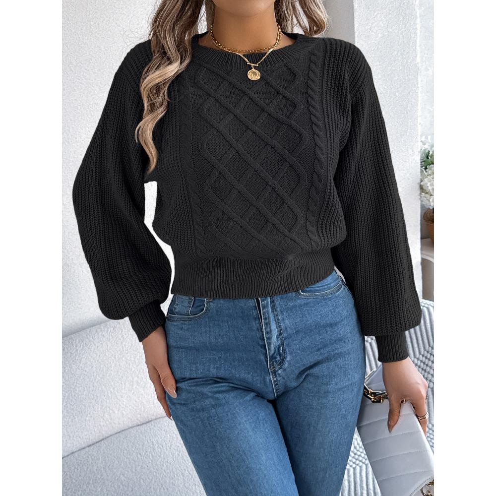 Women's Oversized Relaxed-Fit Solid-Colour Cable-Knit Long-Sleeved Tapered-Waist Pullover Sweater for Autumn/Winter Women's Knitted Sweater