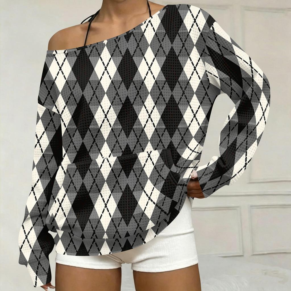Damen Freizeit Karo-Print Off-Shoulder Langarm Locker geschnittenes Sweatshirt mit Taschen