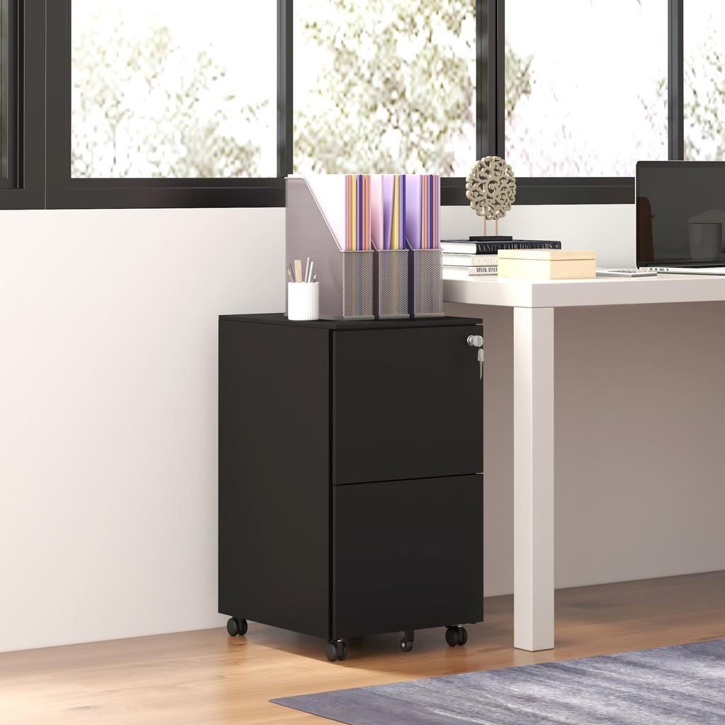 Mobile Pedestal Filing Cabinet, 2 Drawers, Lockable, Rollable, 37 cm x 43.5 cm x 67.5 cm, Black