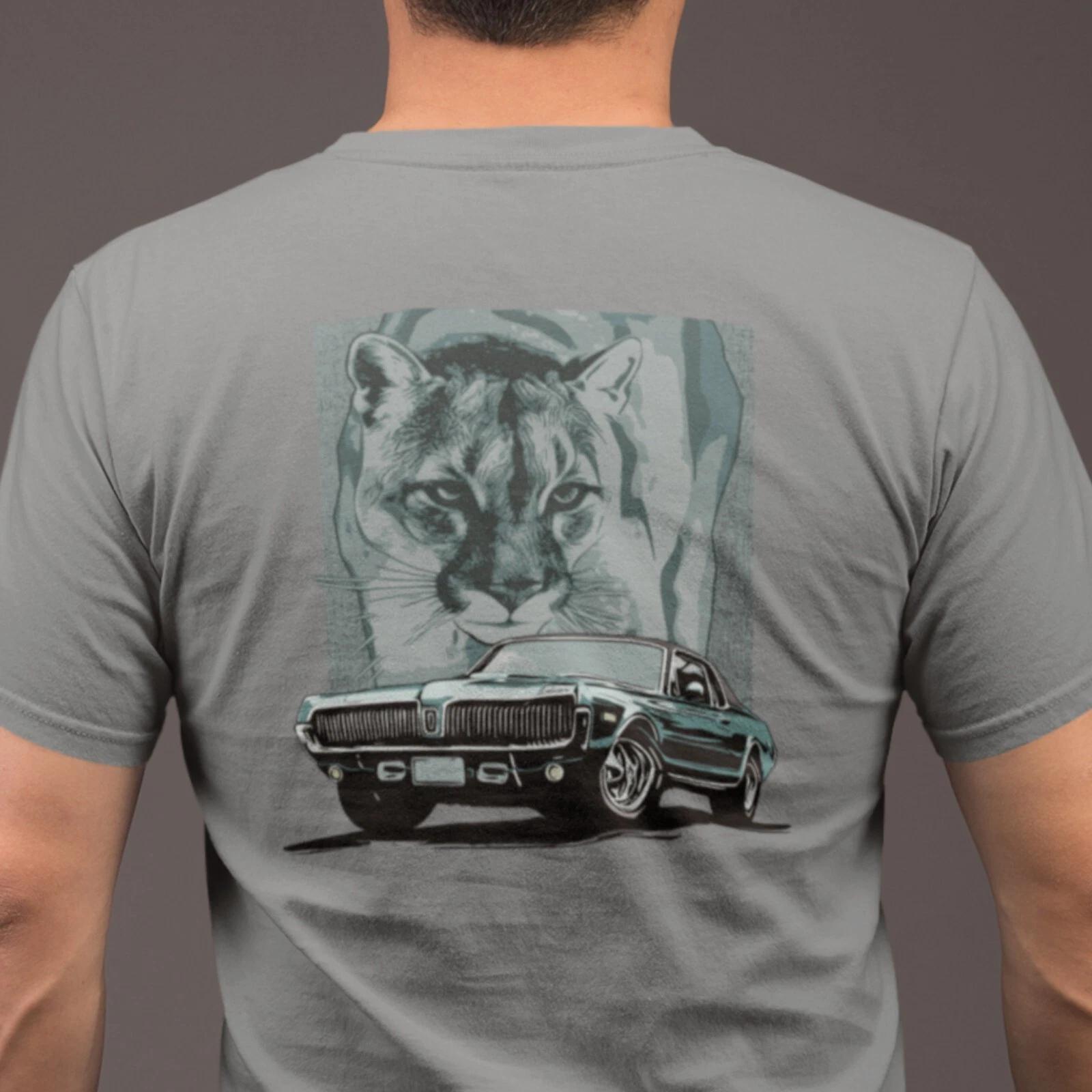 68 Cougar Unisex T-shirt. Design on back., Mercury Cougar blue/green theme. 2XL