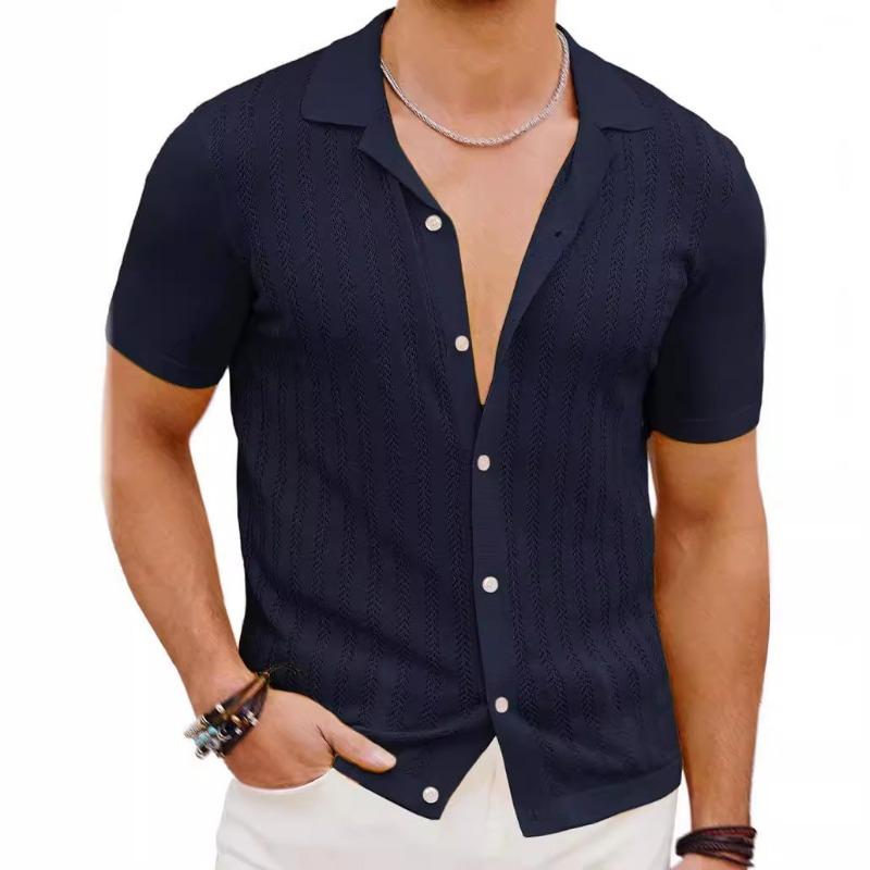 Cozy Up Men's Knit Button Down Shirt Vintage Short Sleeve Polo Shirts Casual Beach Tops