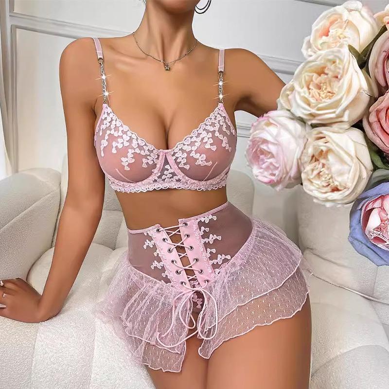 Mesh Love Embroidery Perspective Bra Women's Rhinestone Suspenders Sexy Underwear Set New