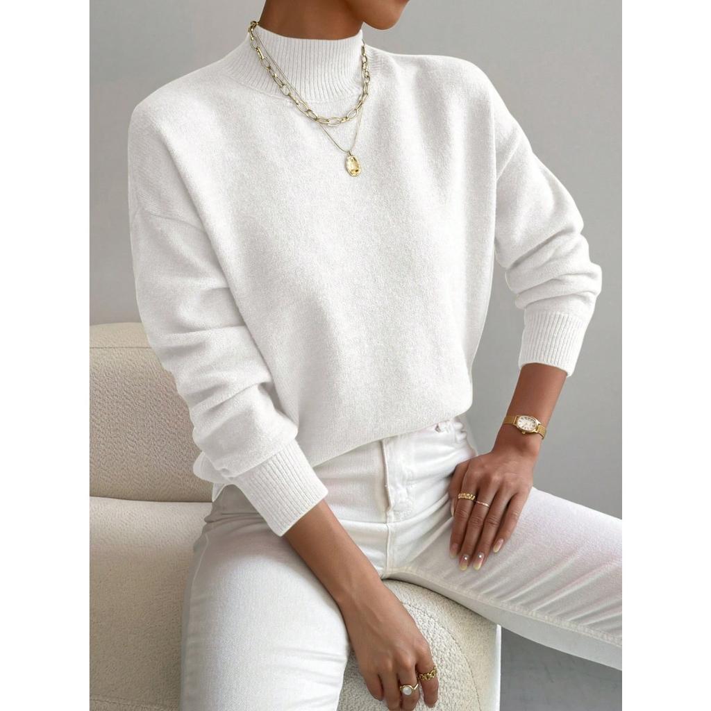Solid Color Loose Knit Top Semi High Neck Pullover Long Sleeved Sweater Women Autumn and Winter