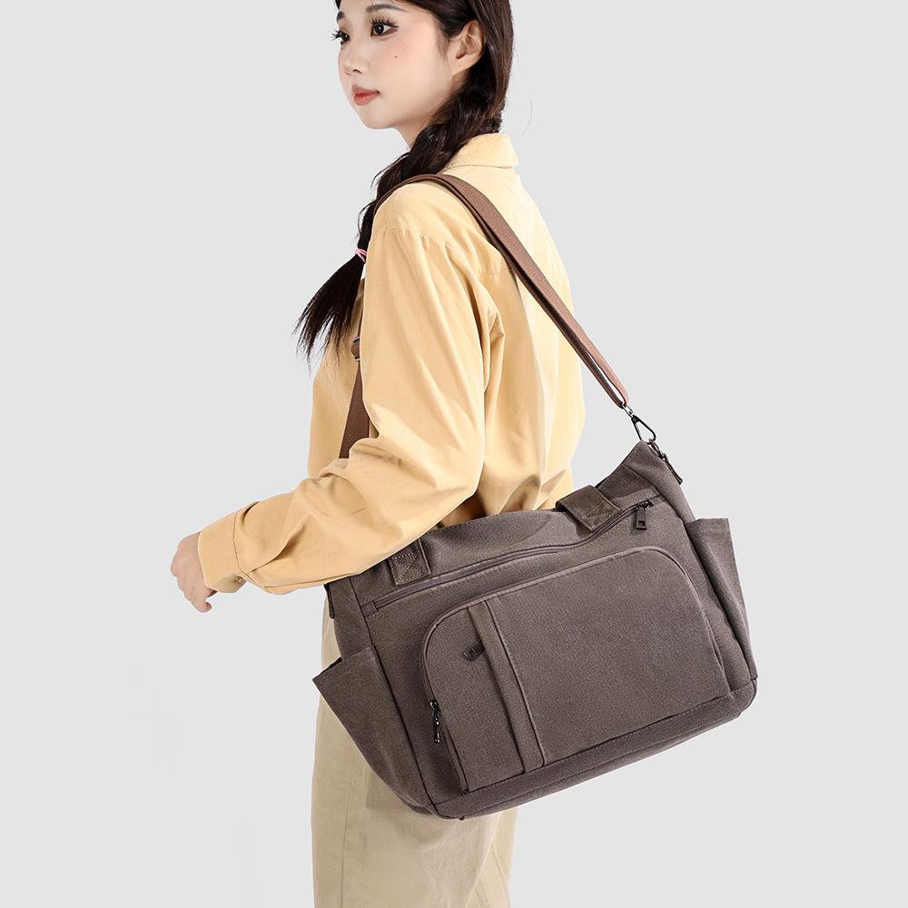 Bolsa Tote de Lona Color Sólida com Múltiplos Bolsos de Grande Capacidade Bolsa de Ombro Feminina Vintage para o Dia a Dia Bolsa Transversal