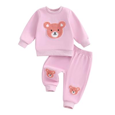 Little Girls Bear Embroidered Sets Long Sleeve Round Neck Sweatshirt Long Pants Fall Outfits