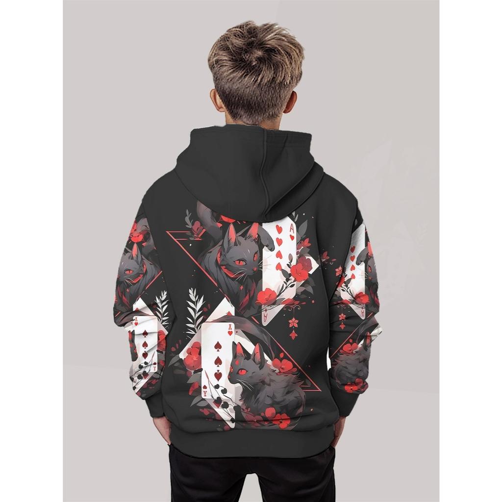 3D Digital Printed Dark Poker Red Rose Black Cat Pattern Hooded Sweatshirt, Fashionable and Trendy Children's Casual Clothing
